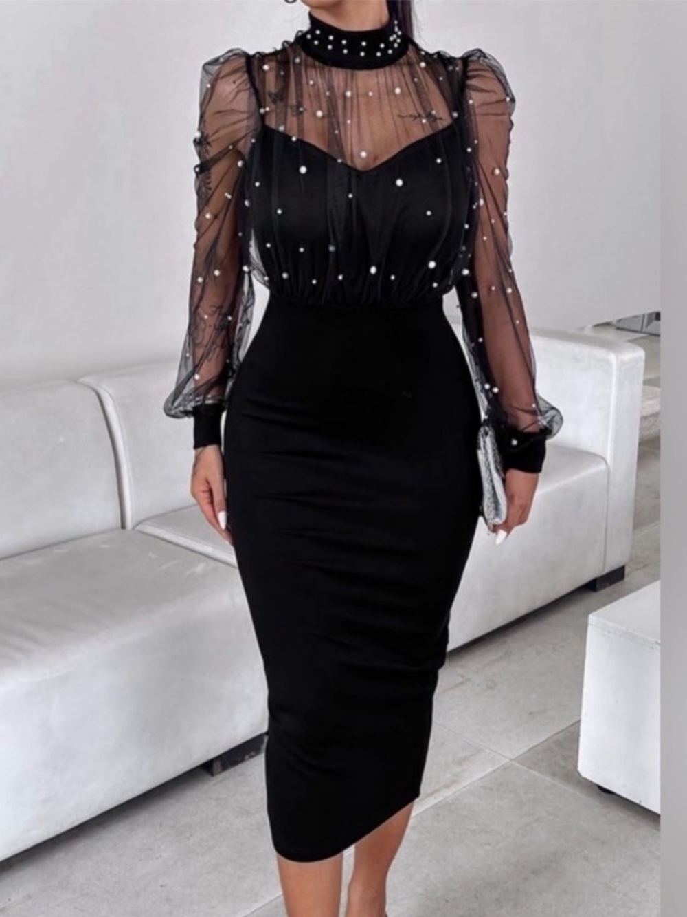 Chicme Elegant Black Sheer Pearl-Embellished Midi Dress